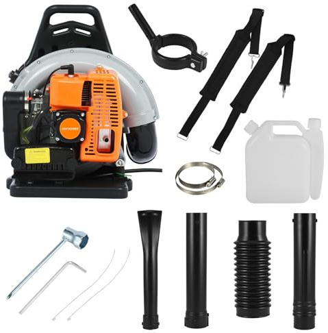 Souffleur Thermique à Dos 63cc 2 Temps Moteur Puissant 665CFM Souffleur de Feuilles Essence Grand Débit avec Harnais Dorsal Réglable - pour Nettoyage Jardin, Feuilles Mortes, Neige, Débris Orange