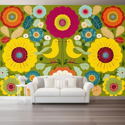 Jaune Murale Fleurs Et Oiseaux Design Symétrique Rétro, Papier Peint Mural Intissé Design pour Salon Salon/Couloir Chambre à Coucher - Murale Grand Format pour Bureau Mur TV 150 x 105 cm（WxH)