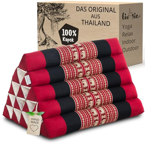 livasia Rückenstützkissen extrahoch - 38x55x35cm - Dreieckskissen für Garten und Balkon, Keilkissen mit Kapok, Lagerungskissen für Beine, handgefertigt, Meditationskissen (Rot/Elefanten)