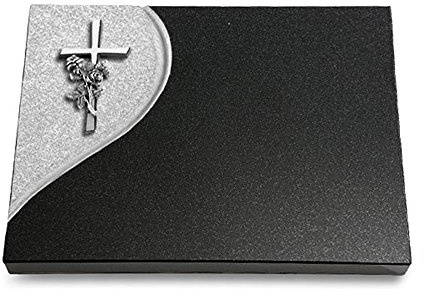 MEMORUM Grabmale Grabtafel, Grabplatte, Grabstein, Grabkissen, Urnengrabstein, Liegegrabstein Modell Folio 40 x 30 x 3-4 cm Indisch-Black-Granit, poliert inkl. Gravur (Aluminium-Ornament Kreuz/Rose)