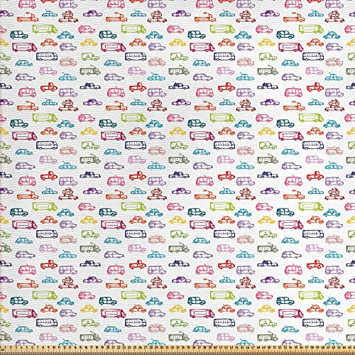 ABAKUHAUS Autos Gewebe als Meterware, Verschiedene Fahrzeuge Bus LKW, Schön Gewebten Stoff für Polster und Wohnaccessoires, 1M (148x100cm), Mehrfarbig