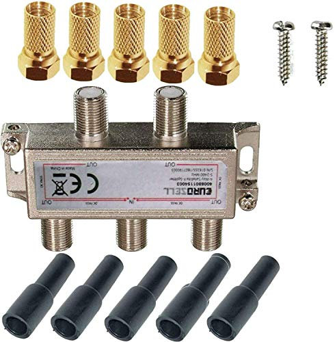 TronicXL Sat Splitter 4-Fach HD tauglich digital Antennenverteiler TV Verteiler + F-Stecker Adapter mit Wetterschutz + DC-Durchlass kompatibel mit für DVBT DVBC Unitymedia Vodafone Kabelfernsehen