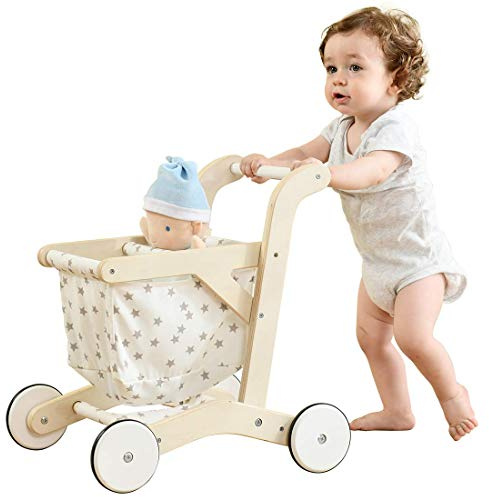 labebe Baby Push Walker Doll Stroller, Push Toy for Toddler, Shopping Cart for Girls and Boys 1 Years Old, Kids Stand Learning Walker, Wooden Play Wagon with Wheel, Larger Size 15.2 * 18.7 * 19.7