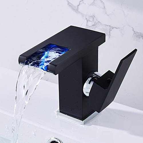 Led Rubinetto Bagno Cascata, Rubinetto Bagno Lavabo, Nero Moderno Ottone Rubinetto Lavabo, Acqua Calda E Fredda Disponibile, Miscelatore Monocomando, Per Bagno o Avabo Bagno, Con Valvola In Ceramica