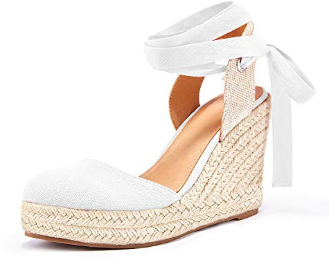 FISACE Womens Summer Lace Up Espadrilles Wedge Sandals Closed Toe Ankle Strap Platform Shoes