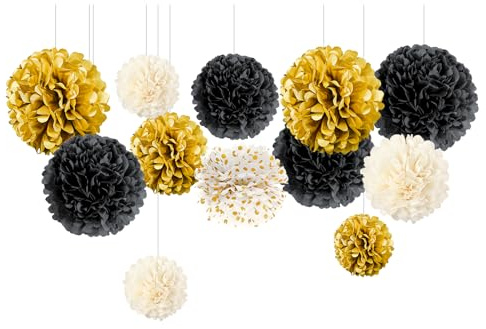 NICROLANDEE Schwarzgold Partydekorationen 12 PCS Seidenpapier Pompons | Schwarzgold Partydeko für Hochzeit, Geburtstag, Babyparty, Brautdusche, Abschlussball, Silvester Deko