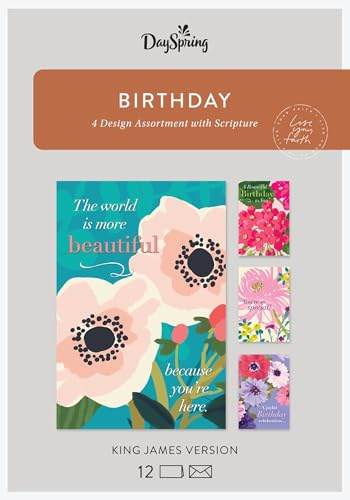 DaySpring Wunderschöner Geburtstag – 4 Aquarell-Blumen-Design-Sortiment mit Schrift (12 Karten und Umschläge)