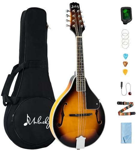 Mulucky A Style Mandolin Instrument, 8 String Acoustic Mandolin for Beginners, Mahogany Wood ML-A-S Musical Instrument Kit with Gig Bag, Digital Tuner, Extra Strings, Picks, Sunburst