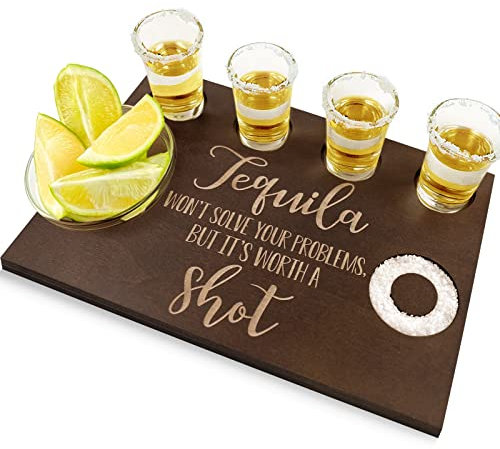 Tequila Gifts for Women and Men - Shot Board and Glass Holder Wooden Bar Tray with Salt Rim - for Liquor, Parties, Weddings, Housewarmings