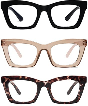 AMOMOMA 3 Pack Trendy Oversized Blue Light Stylish Readers for Women,Retro Square Cute Sturdy Computer Womens Reading Glasses AM6042 Black+Brown+Purple Tortoise 1.5