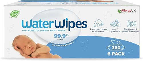 WaterWipes Sensitive+ Newborn & Baby Wipes, 360 Count (6 Packs), 3-In-1 Cleans, Cares, Protects, 99.9% Water, Unscented