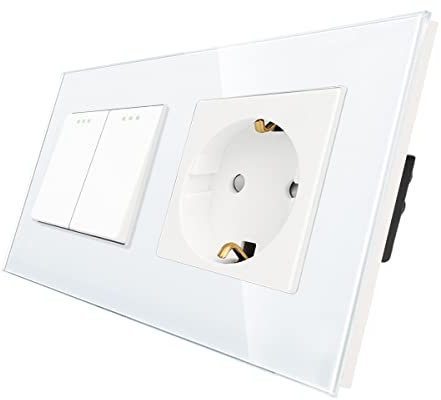 CNBINGO Schuko Steckdose mit Lichtschalter unterputz, Weiß Wandschalter mit Glasplatte, mit Leuchtstoffpunkten, 2-Fach, Wechselschalter