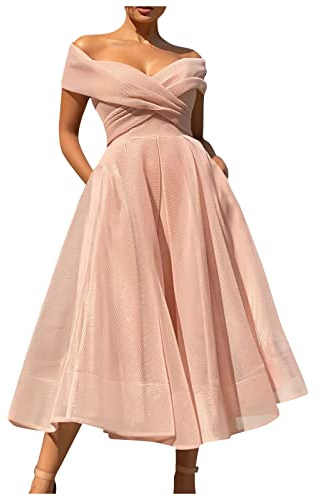 Ansenesna Abendkleid Off Shoulder Damen Vokuhila Party Kleid Elegant Frauen Schulterfrei Wadenlang Festliche Partykleid Ballkleid Mittellange Abendmode Kleider