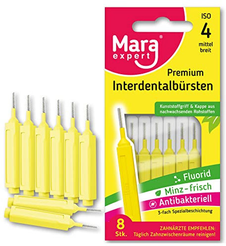 Interdentalbürste GELB- MARA EXPERT | 0,7 mm ISO 4 Mittelbreit | 8 Interdentalbürsten | Biokunststoff | Bürsten für Zahnzwischenräume | Mit Minz Geschmack - Chlorhexidin - Fluorid