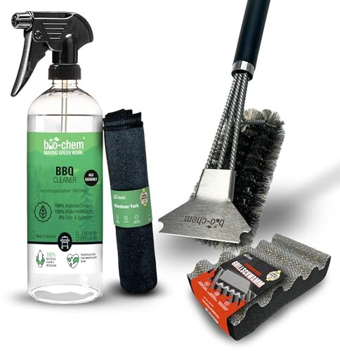 Bio-Chem - Detergente per Barbecue Spray 0,75L + Spazzola, Panno e Spugna - Detergente per Barbecue Pronto all'Uso, Ideale per L'Estate - Detergente sgrassante per Griglie di Barbecue