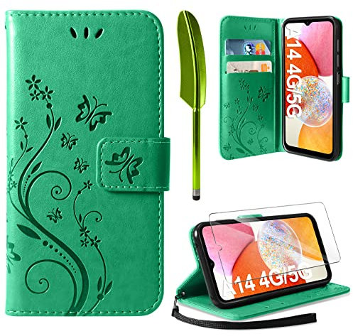 AROYI Lederhülle Kompatibel mit Samsung Galaxy A14 5G/ A14 4G Hülle und Schutzfolie,Flip Wallet Handyhülle Leder Tasche Kartensteckplätzen Schutzhülle Kompatibel mit Samsung Galaxy A14 Minzgrün