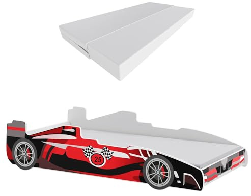 KOBI Bilsäng för barn | F25 bil | 70 x 160 cm | flerfärgad | racebilstema | barn, pojke, flicka | med sängunderlag och madrass | hydda med barriär