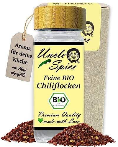 UNCLE SPICE® BIO Chiliflocken- 50g Chili-Schoten geschrotet im Gewürzglas - feine BIO CHILI Flocken in PREMIUMQUALITÄT - Chiliflocken im Streuer - angenehme Schärfe, DE-ÖKO-005