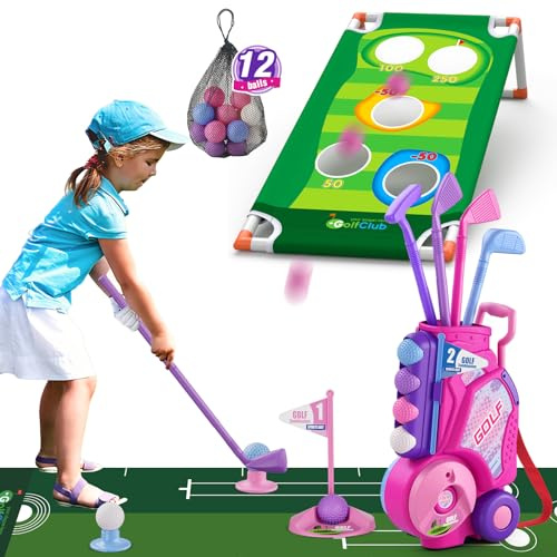 HYES 2 in 1 Toddler Golf Set 2-4 Years, Upgraded Kids Plastic Golf Clubs with 12 Balls, Cornhole Board & Putting Mat, Shoulder Strap, Indoor Outdoor Sport Toys Gift for Baby Boys Girls Aged 3-5, Pink