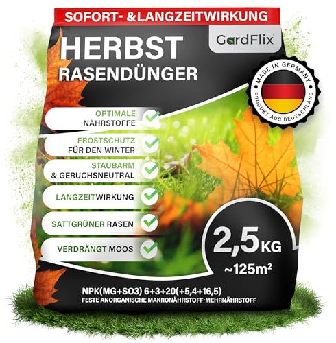 Gardflix Herbstdünger Rasen Langzeitwirkung | Rasendünger Herbst verdrängt Moos | Frostschutz & Winterfester Rasen | Staubarmer Granulat für Streuwagen | Sicher für Kind & Tier (2,5kg Sack für 125m²)