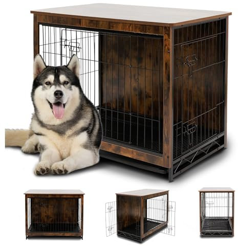 MaxxPet Hundebox Holz, Hundebox für Zuhause, Hundekäfig, Hundehütte Indoor, Gitterbox Hund, Mit 2 Türen, Dog Crate, Hundehaus Wohnzimmer, 98x65x68cm, Braun