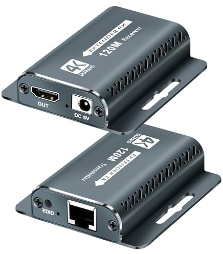 KUYIA Rallonge HDMI avec POC 1080P @ 60 Hz 3D HDMI Répéteur HDMI RJ45 vers HDMI par UTP Cat5e/6/7/8 Câble OFC 120 m avec adaptateur d'alimentation 5 V