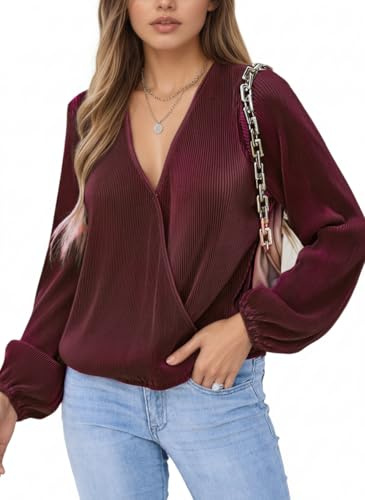 CUPSHE V Neck Wrap Velvet Tops Dressy Causal Long Sleeve Business Work Tops Loose Fit Shirts Vacation Outfits Wine M
