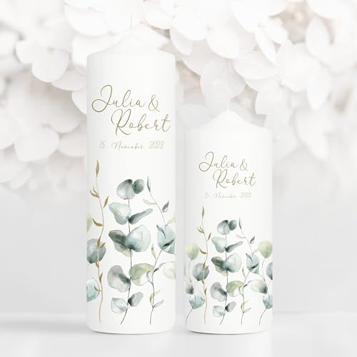 Wandtattoo Loft Hochzeitskerze personalisiert mit Namen und Datum + Gastkerze, Motiv mit Eukalyptuszweigen, 25cm x 7cm, personalisierte Traukerze, Hochzeit Kerze selbst gestalten, Hochzeitsgeschenk