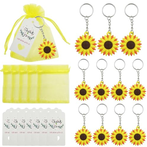 DUGYIRS Gastgeschenke Taufe: 30 Sonnenblume Schlüsselanhänger, Organzasäckchen und Dankeschön-Tags für Jungen & Mädchen Geburtstagsfeier Deko
