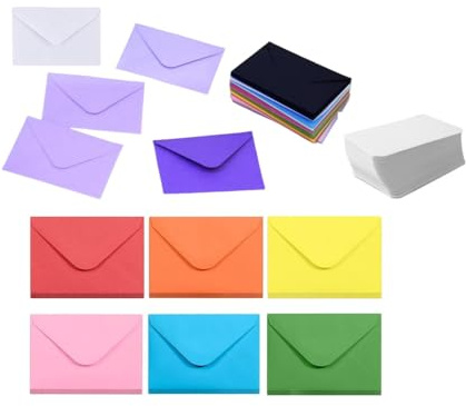 GYWHOOFT 50 sobres pequeños de 10 x 7 cm, mini sobres de colores con 50 tarjetas vacías para bodas, fiestas, cumpleaños, regalos y felicitaciones (10 colores)
