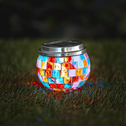 Garden Mile Barattolo di Vetro Colorato a Mosaico con Luci LED Solari da Giardino, Sensore Automatico per Esterno, Ornamento Decorativo per Patio