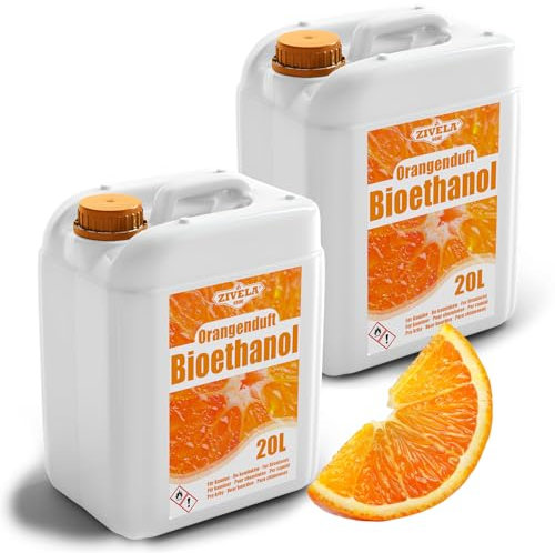 Bioéthanol 96,6 % 40 l | Alcool bio parfum orange 96,6 % 2 x 20 l | Bioéthanol pour cheminée, cheminée de table, cheminée au bioéthanol | Parfum orange | Combustion propre, sans fumée, flamme vive et