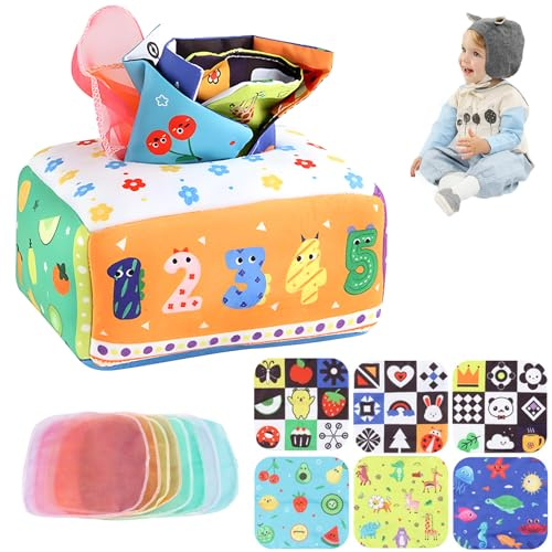 KingYH Tissue Spielzeug Box Montessori Sensorik Nummer Interaktive Sensorische Spielzeug Box mit Crinkle Tuch und Farbiges für Mädchen und Junge