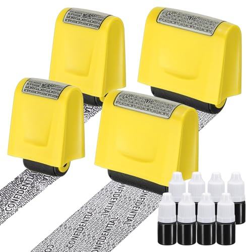 PATIKIL Identity Theft Protection Roller Stamp, 4Pcs 0.7/1.7 Confidential Roller Stamp Privacy ID Police Stamp Roller for Security ID Address with 8Pcs Refills, Yellow