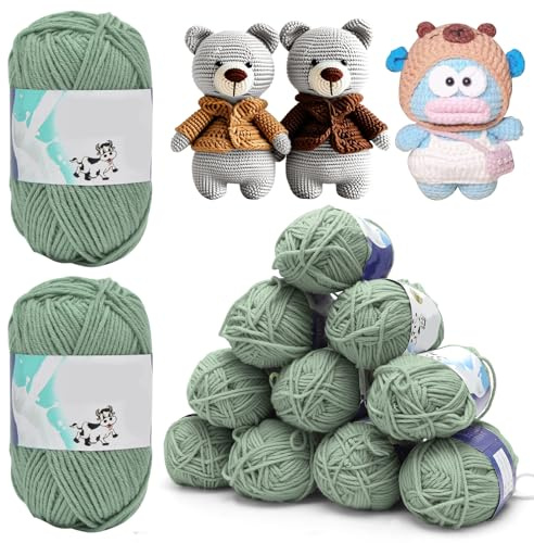Yuraigm Häkelgarn 12er* 50g/Ball, Super Weiche Wolle Strickgarn Baumwolle zum Häkeln, Antipilling Babywolle zum Stricken 100% Acryl Garn für Anfänger und Kinder Zum Strickprojekt (Grün)