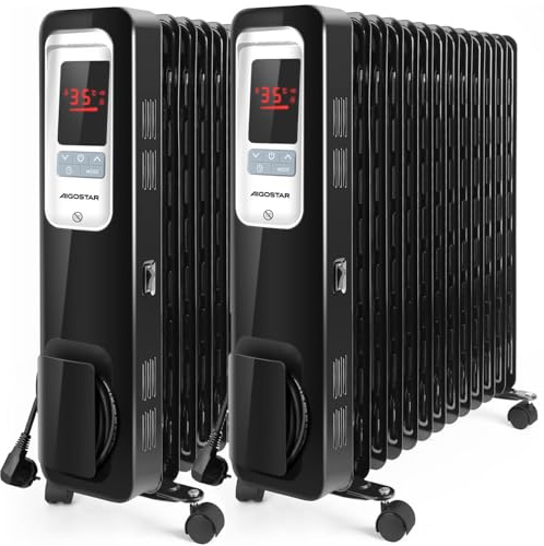 Aigostar Radiador de Aceite Portátil de 13 Elementos, Pantalla de Control LED, Mando a Distancia, 3 Modos y Función Eco, Silencioso, 2500W, Recomendado para Estancias de 25 m2, 2 Unidades