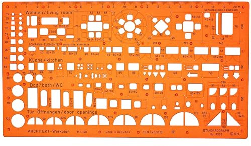 Architektur Schablone 1:100 - Schablone Sanitär 1:100 - Möbel Zeichenschablone Innenarchitektur - Technische Zeichenschablone - Architektur Schablonen für Technisches Zeichnen - Sanitär Symbole