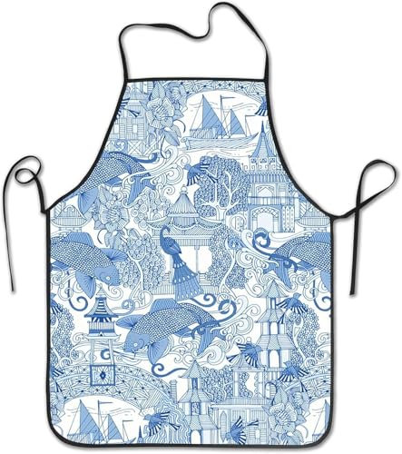 Personalisiert Malschürze Chinoiserie Toile Blau Backschürze Verstellbare Grillschürze Premium Kochen Schürze Für Köche Damen