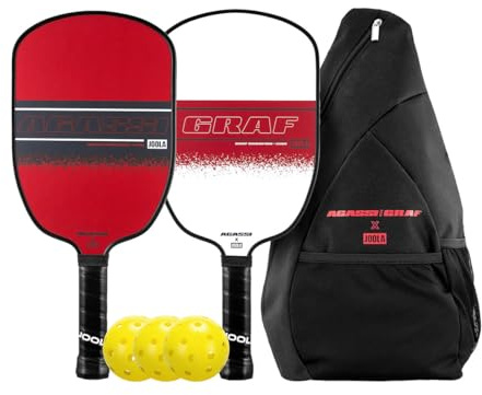 JOOLA Ensemble Champion Agassi/GRAF avec pagaies de Pickleball, balles et Sac à bandoulière – Raquette de Pickleball sablée – Forme Agassi avec Zone de Frappe étendue – Certifié UPA-A – Approuvé USAP