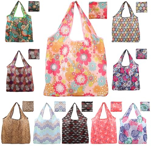 Foppla 10 PCs wiederverwendbare Einkaufsbeutel Polyester Faltbare Einkaufstaschen mit großer Kapazität Lebensmittel Taschen Multifunktional faltbare Einkaufsbeutel für Camping -Outdoor -Abenteuer