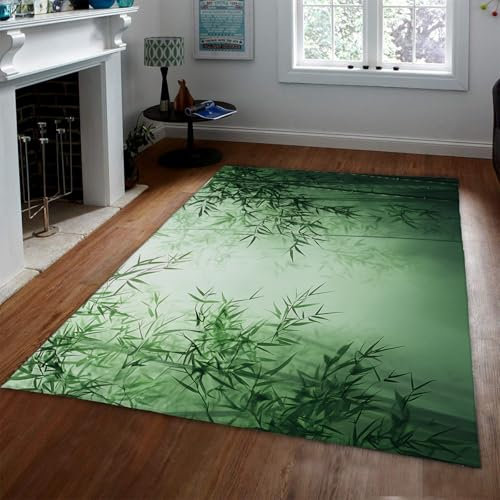 HOBBOY Asiatischer Stil Großer Teppich Grün Bambus Wald Bereich Teppiche Pflanze Blätter Outdoor Teppich für Wohnzimmer Badezimmer Dünne Haustür Matte 100 x 150 cm