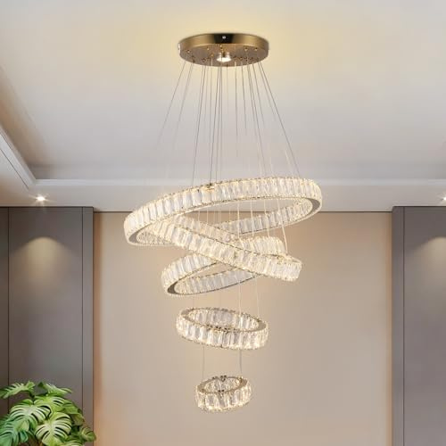 diisunbihuo LED Crystal Chandeliers Modern 5 Rings Pendant Light Height Adjustable Flush Mount Ceiling Light for Bedroom Dinning Room Kitchen (Three Colors,Control by Switch,Non-dimmable)