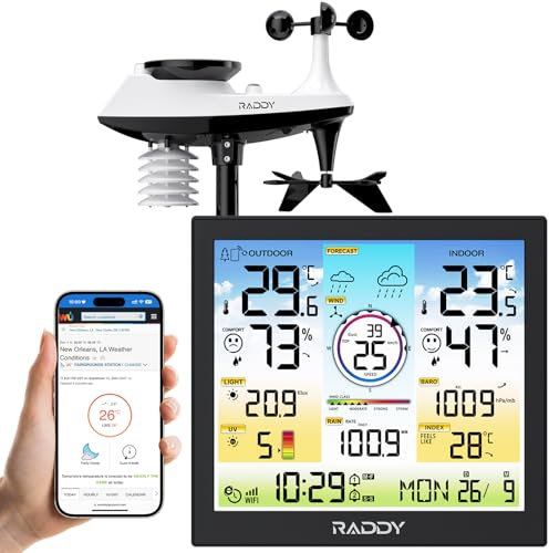 Raddy WF-120C Wi-Fi Stazione meteorologica professionale, Wireless monitor di temperatura e umidità per interni ed esterni con sensore esterno 7 in 1, Pluviometro, Velocità del vento, Indice UV