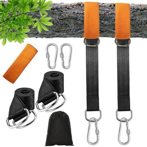 MINVOO Sangle Hamac, Fixation de Balançoire, Sangle balancoire Arbre, 2 Pièces 150cm x 5cm, avec 2 Coussins de Protection pour Arbre, 2 Mousquetons,pour Balancoire Jardin Hamac ou Siège Suspendu