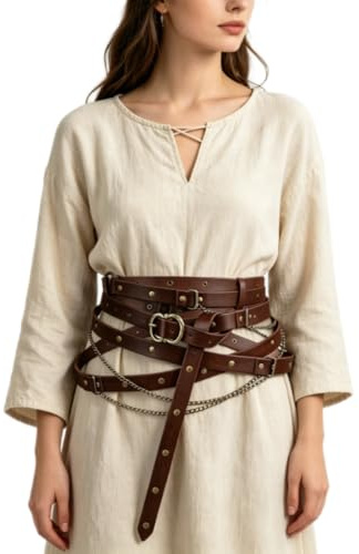 haozaikeji Medieval Vintage Faux Leather Metal Chain Belt Adjustable Thin Waist Belt for Women Men Retro Renaissance Knight Costume Accessories for LARP Cosplay Halloween Party Festival