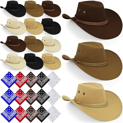 YFNVH 30 Stk Fasching Cowboyhut für Damen, Karneval Westernhut mit Kordel in & Bandanas Cowboy Hut Kostüm Accessories für Fasching, Karneval, JGA, Gruppen, Mottoparty, Wanderpicknick(5 Farben)