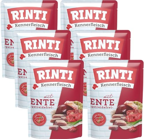 Rinti Kennerfleisch Ente | 6 x 400g Frischebeutel | 70 % Fleisch & Innereien | 15 % Ente | Getreidefrei | Mit Omega 3 & Ballaststoffen | Alleinfutter für Hunde | Ohne Formfleisch