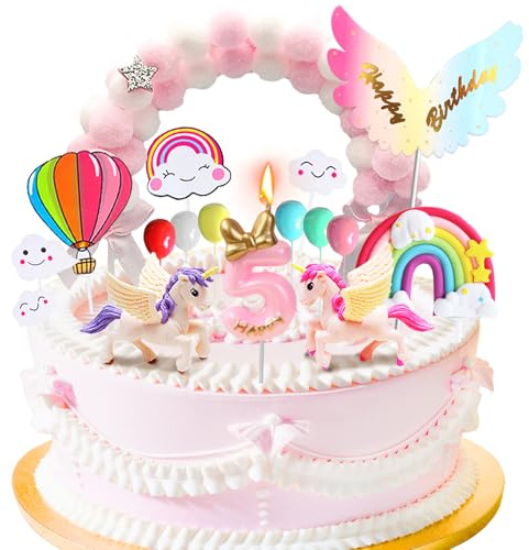 YOUYIKE Einhorn Tortendeko, Einhorn Tortendeko 5. Geburtstag Mädchen, Einhorn Figuren Cake Topper 5. Geburtstag, Einhorn Deko Kindergeburtstag, Torten Deko Mädchen