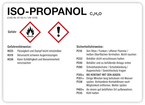 Aufkleber Kombi + Warnhinweise „ISO-PROPANOL“ Brandschutz Sticker Kennzeichnung Gefahrensymbole gemäß CLP/GHS-Verordnung | Größe wählbar Made in Germany, Größe: 14,8 x 10,5 cm