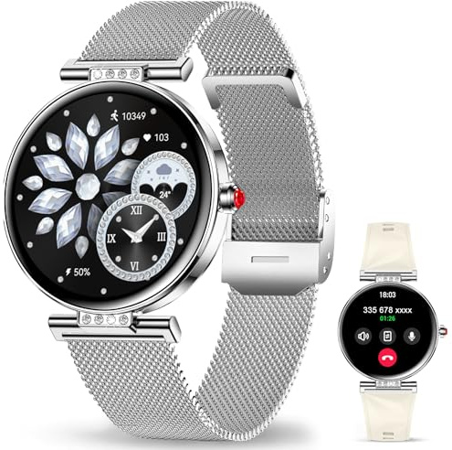 Montre Connectée Pour Femmes Petit Cadran Rond avec Fonction Téléphone Sport Surveillance de la Santé Notifications Par Application Suivi d'activité Bluetooth étanche pour Android IOS (Argenté)